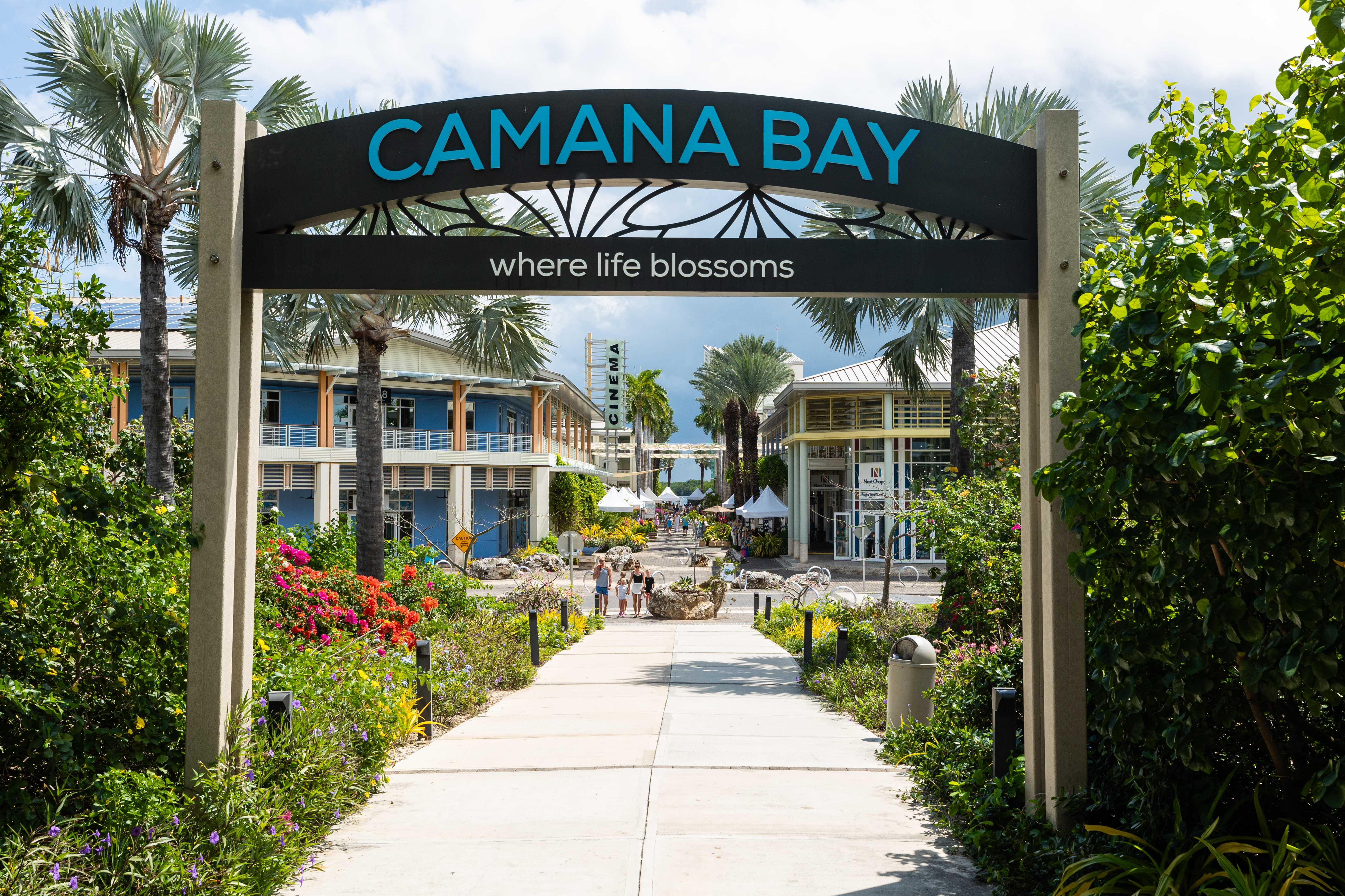 Entrance to Camana Bay leading towards shops and cinemas