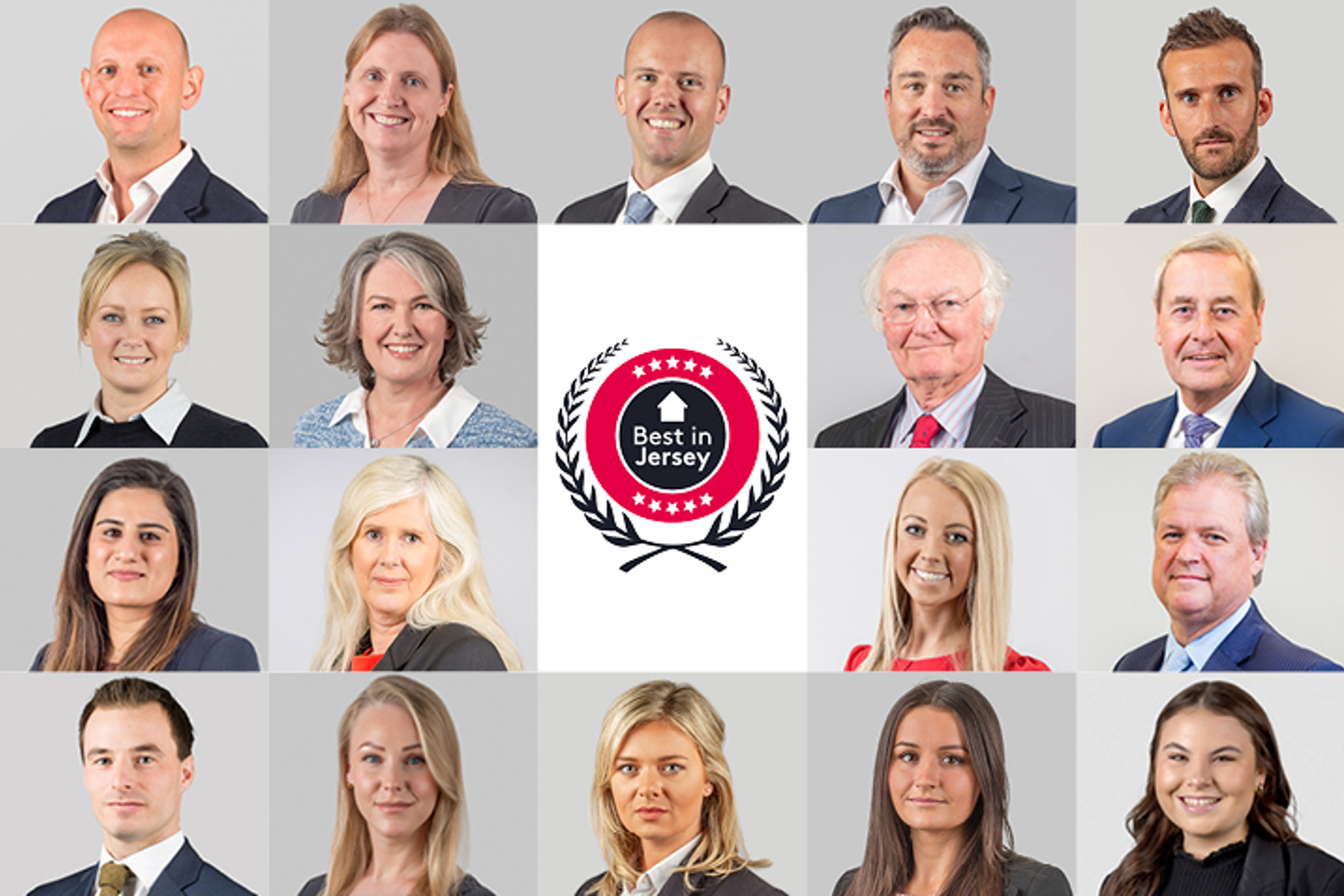 Photo collage of Jonathan Hughes, Katharine, Henry, Jonathan Anderson, Will, Sarah, Helen, Michael, Chris, Priya, Fiona, Laura, Tim, Charles, Emily, Nathalie and Lucy of the best in Jersey property team