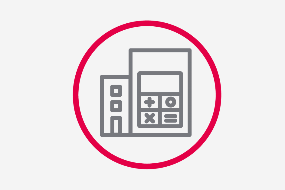 Icon of a red circle containing a commercial building with a calculator inside, representing the commercial calculator option